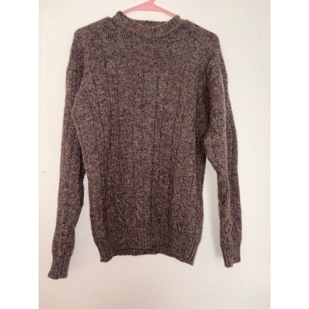 Country Trader Mens Small 100% Pure New Wool Cable Knit Crewneck Sweater Brown